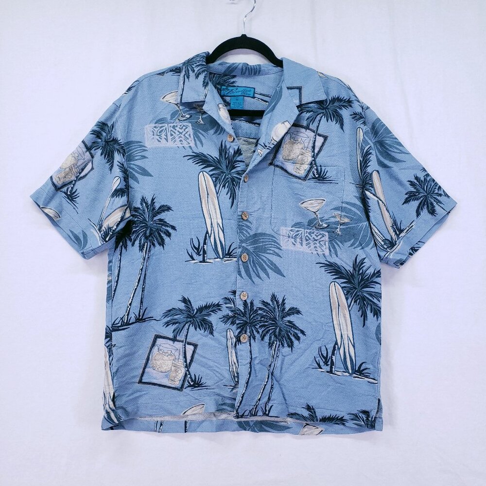 Paradise Blue 100% Silk Blue Beach Surfer Hawaiian Palm Trees Waffle Knit Size M